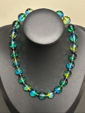 Czech Czechoslovakia Faceted Blue Green Glass Beaded Necklace